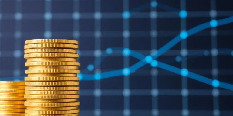Golden coins, digital grid, glowing lines, secure investment.