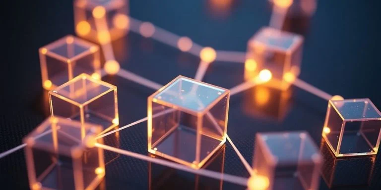 Interconnected glowing blocks secure financial transactions.