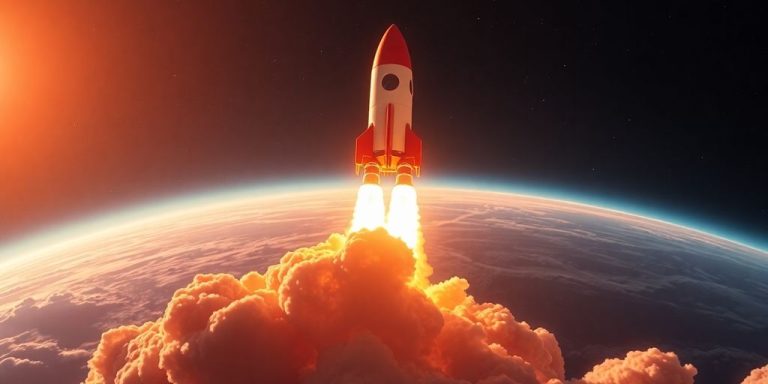 Rocket launching from planet, stars in background.