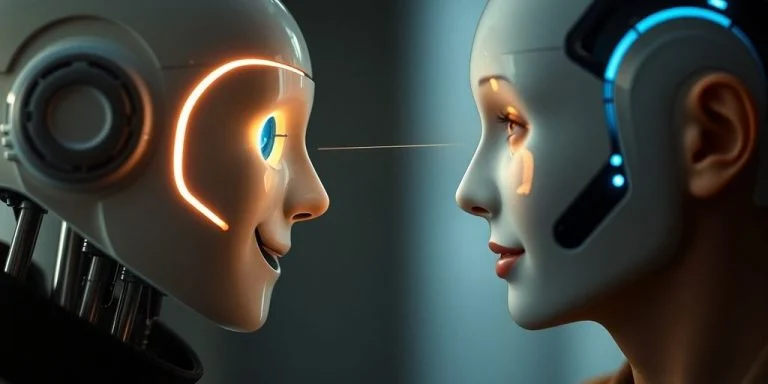 AI bot and human conversing, glowing connection