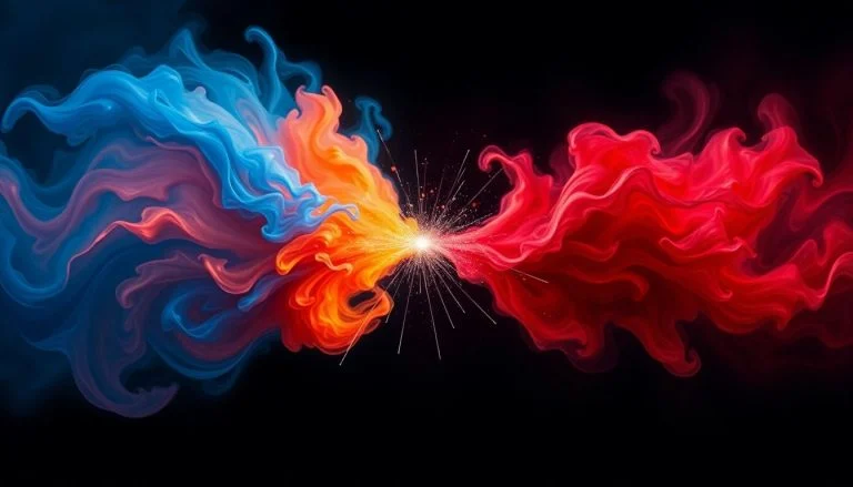 Two abstract energy forms clashing in a dynamic fight.