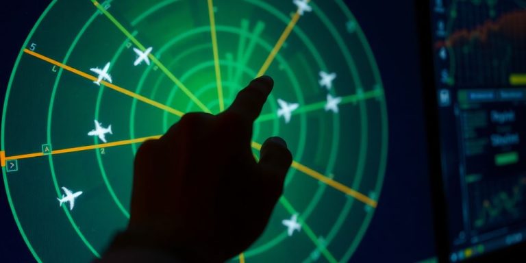 Close-up of a radar screen with flight paths.