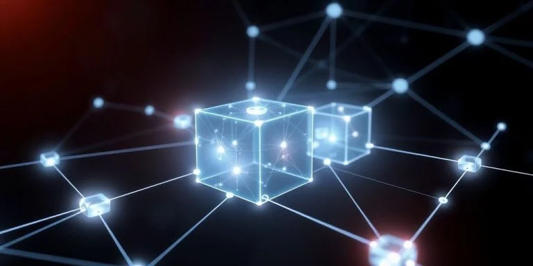 Photographic image of glowing, interconnected blockchain network.