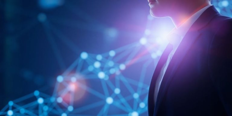 Professional standing confidently with glowing blockchain network.