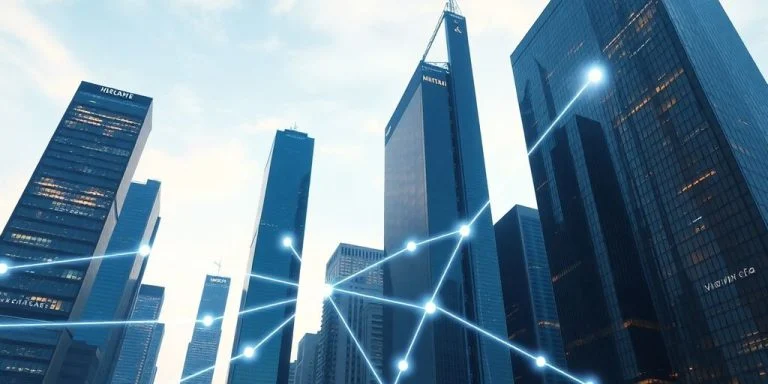 Futuristic cityscape with glowing blockchain network.