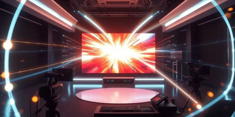 Futuristic video studio with glowing AI elements and digital screens.