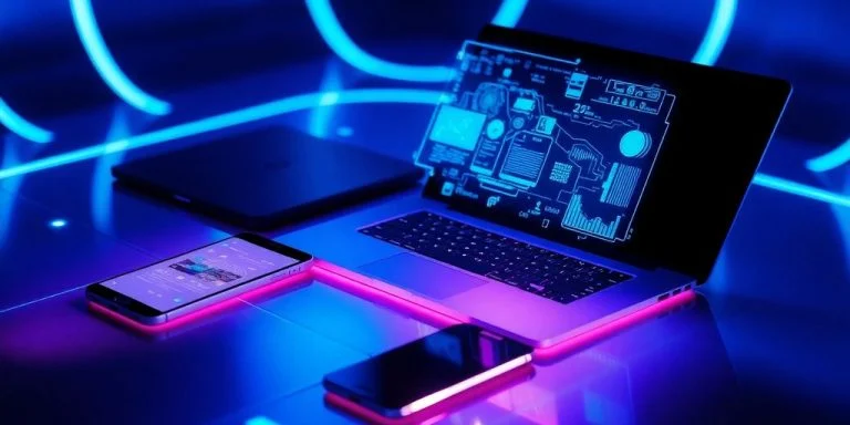 Close-up of a microchip with glowing circuits.