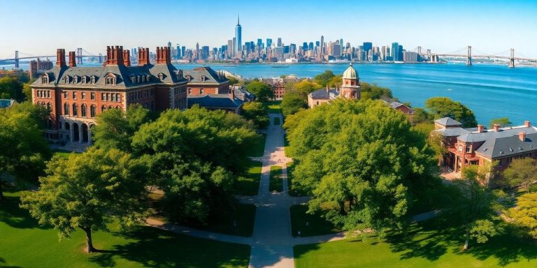 Stevens Institute of Technology campus, historic buildings, green lawns, Hudson River.