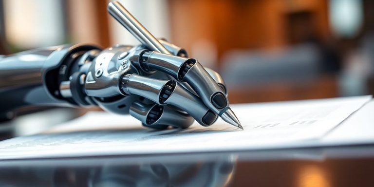 Robot hand holding pen, rewriting document.