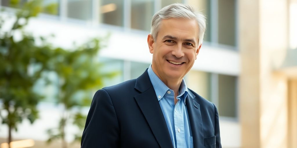 Distinguished man smiling in Harvard setting.