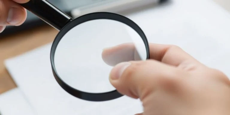 Magnifying glass over a paper document.