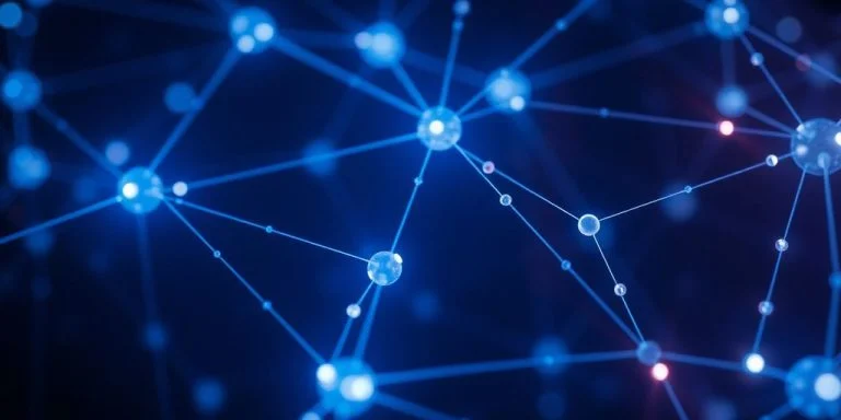 Glowing blockchain network connections.