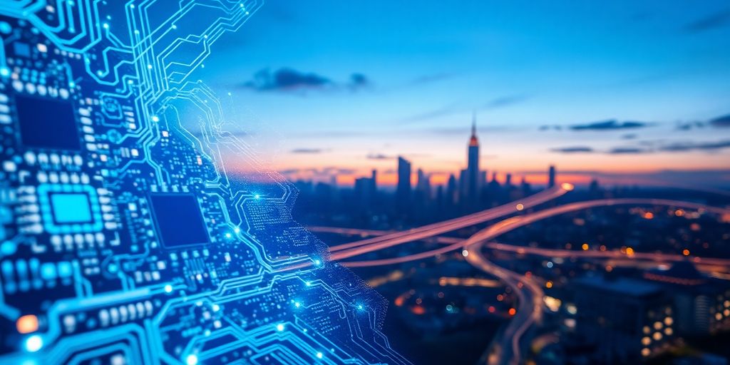 Microchips, data streams, city skyline at dusk.