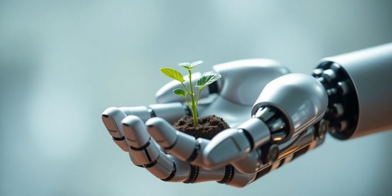 Robotic hand holding a delicate plant sprout.