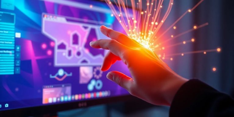 Hand interacting with AI interface building a vibrant, modern website design.