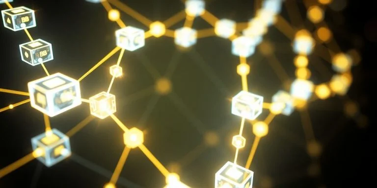 Glowing digital blockchain transaction connecting many computers.