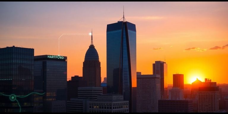 Modern Hartford skyline at sunset with subtle digital glow.