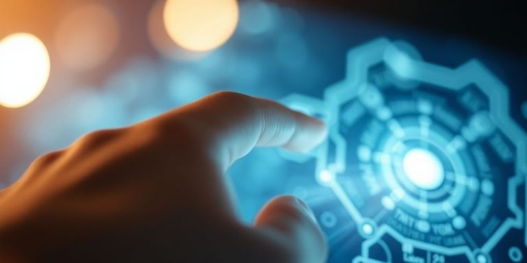 Human hand interacting with AI interface.