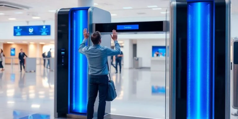 Airport security, traveler, advanced scanner, modern, bright.