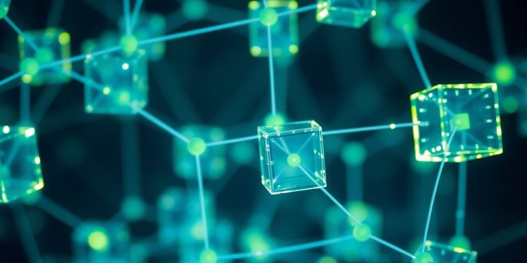 Glowing digital blockchain cubes