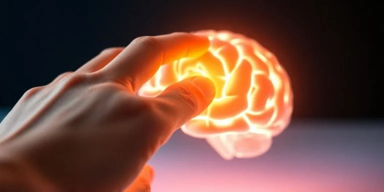 Human hand interacting with glowing AI brain.