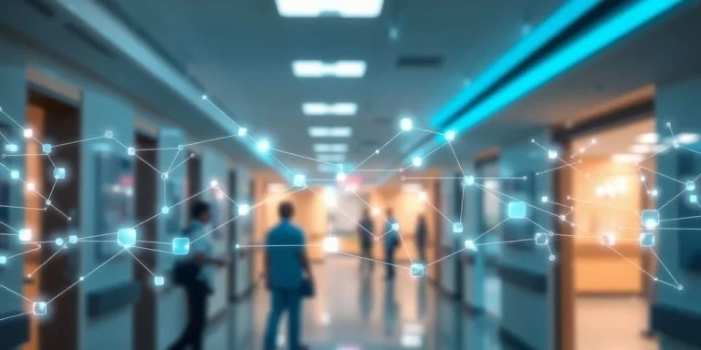 Digital blockchain network flowing securely over medical healthcare scene.
