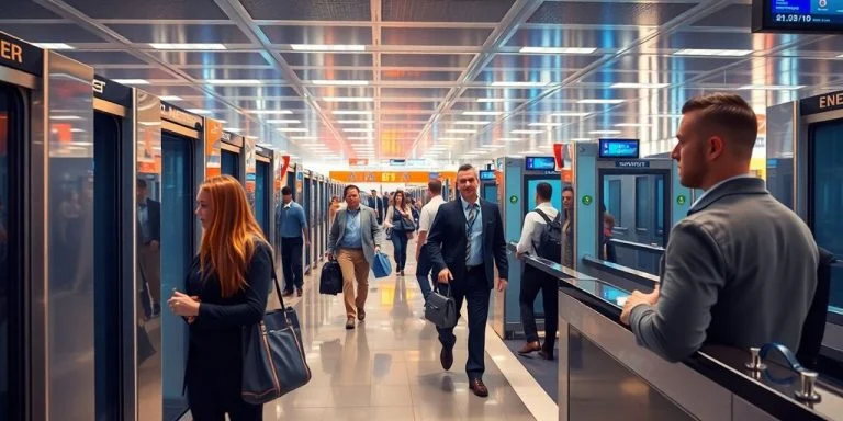 Travelers move quickly through modern airport security.