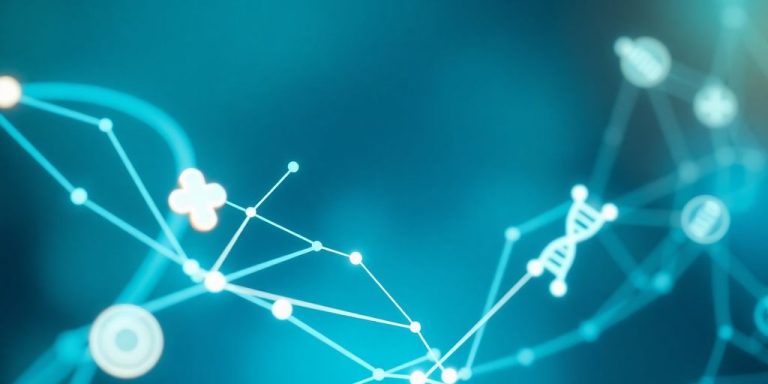 Glowing blockchain network connecting medical symbols.