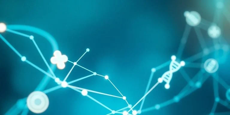 Glowing blockchain network connecting medical symbols.