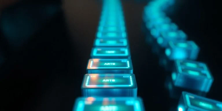 Glowing blockchain on a dark background.