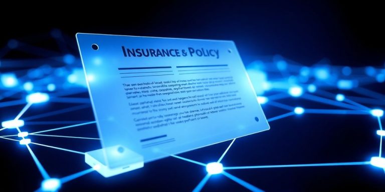 Digital insurance policy glows on blockchain network.
