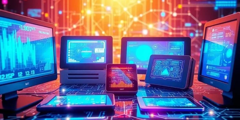 Futuristic glowing devices and abstract digital patterns.