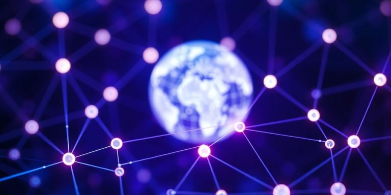 Glowing blockchain network over digital world