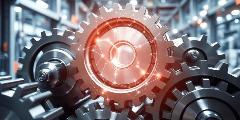 Blockchain factory gears with digital network overlay.