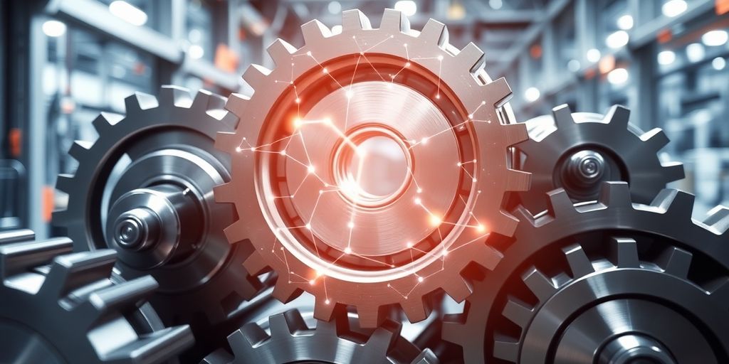 Blockchain factory gears with digital network overlay.