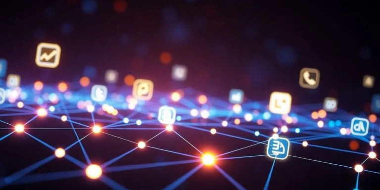 Tech company logos and glowing circuits