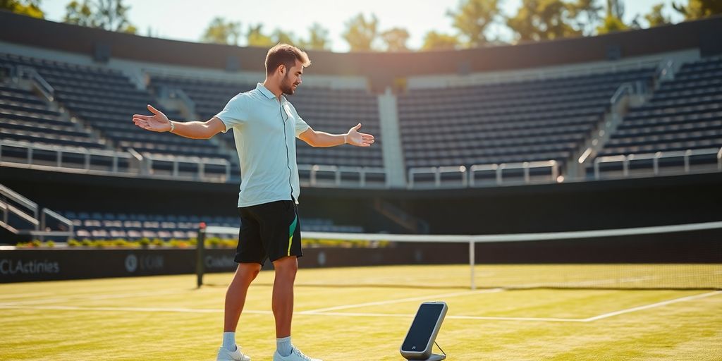 Tennis player arguing with AI line-calling system.