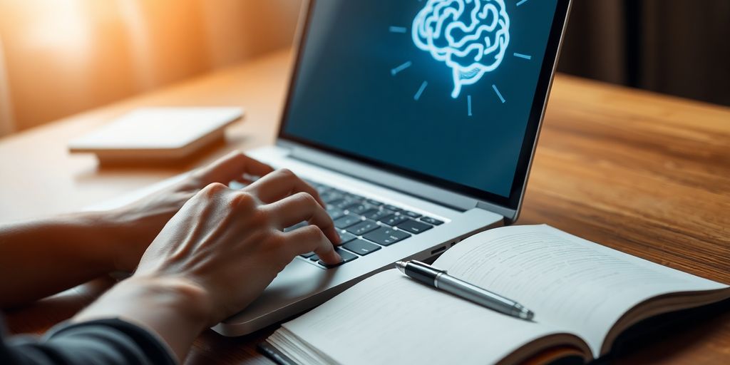 Laptop with glowing AI brain beside open book.
