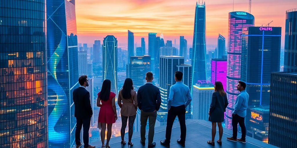 Futuristic cityscape with glowing tech and diverse professionals