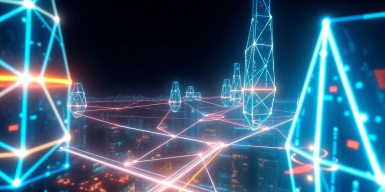 Blockchain network connecting digital assets.