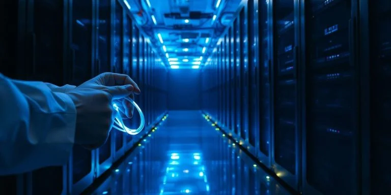 Technicians' hands connecting glowing fiber-optic cables to sleek server units.