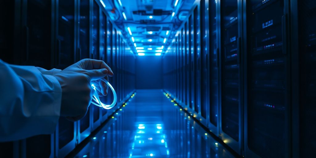 Technicians' hands connecting glowing fiber-optic cables to sleek server units.