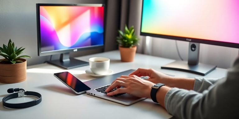 Hands typing on laptop beside glowing smartphone, coffee cup, plant.