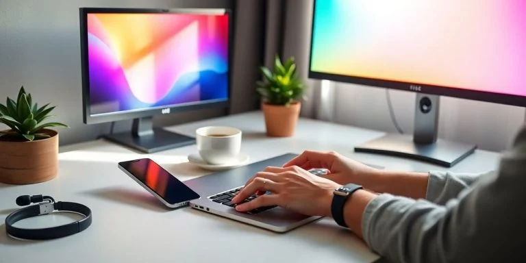 Hands typing on laptop beside glowing smartphone, coffee cup, plant.