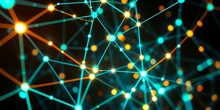 Digital blockchain network with interconnected nodes.