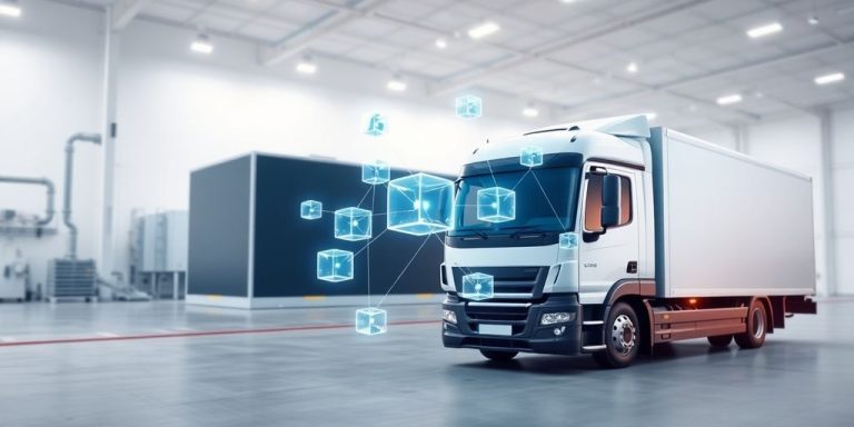 Blockchain cuboids connecting factory and delivery truck.