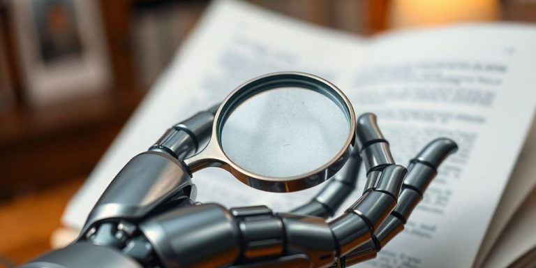 Robotic hand holding a magnifying glass over a document.