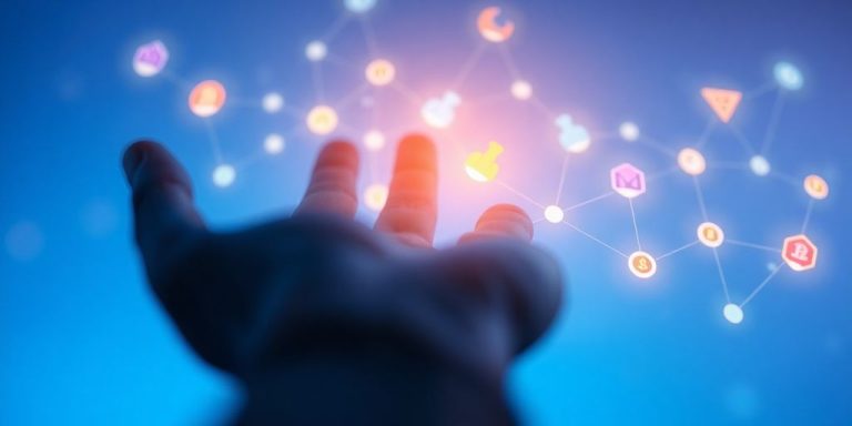 Glowing blockchain network connecting NFT icons.