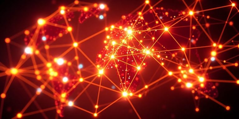 Digital network connections with glowing nodes.