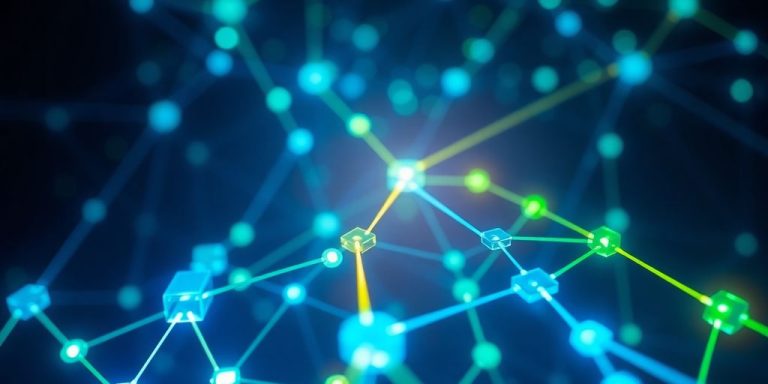 Glowing blockchain network, connected nodes, digital currency.